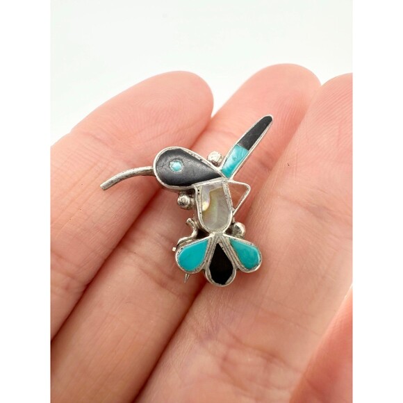 Native American sterling silver turquoise abalone hummingbird pendant pin - Picture 3 of 6